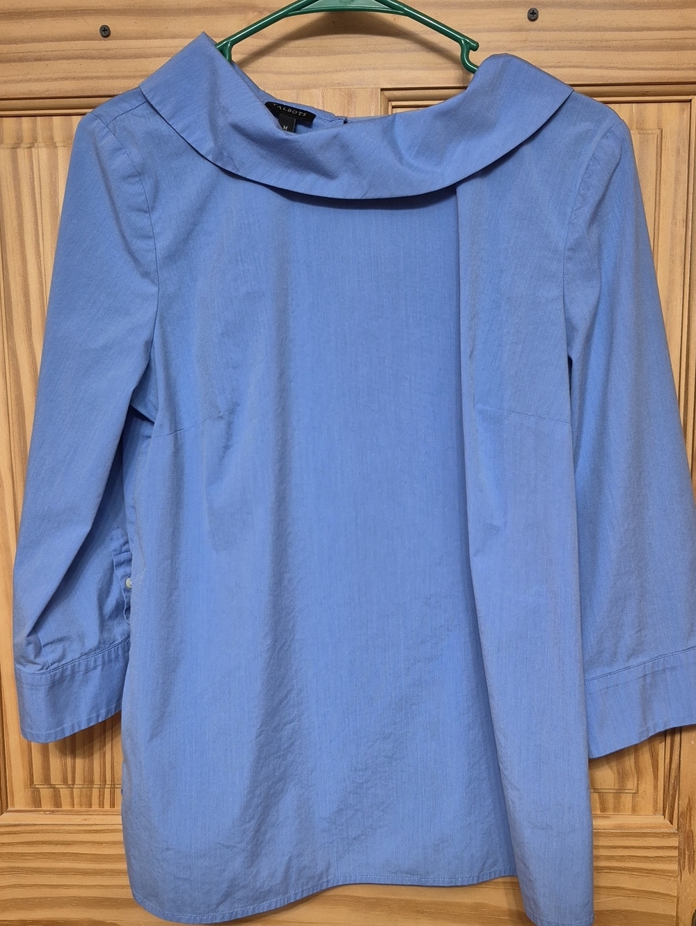 Talbots Everyday Stretch Poplin Portrait Collar Blouse Blue 3/4 Sleeve Size M